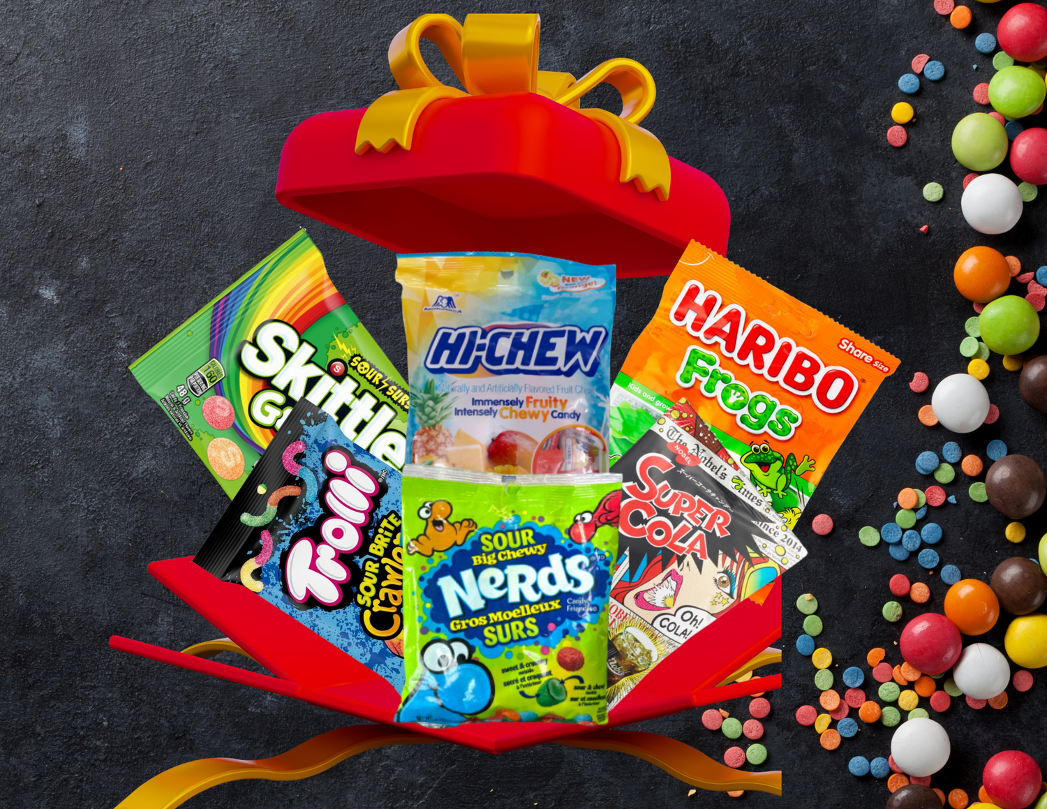 Exotic Candy Gift Box Haribo Frogs Super Cola Sour Big Chewy Trolli Skittles Gummy