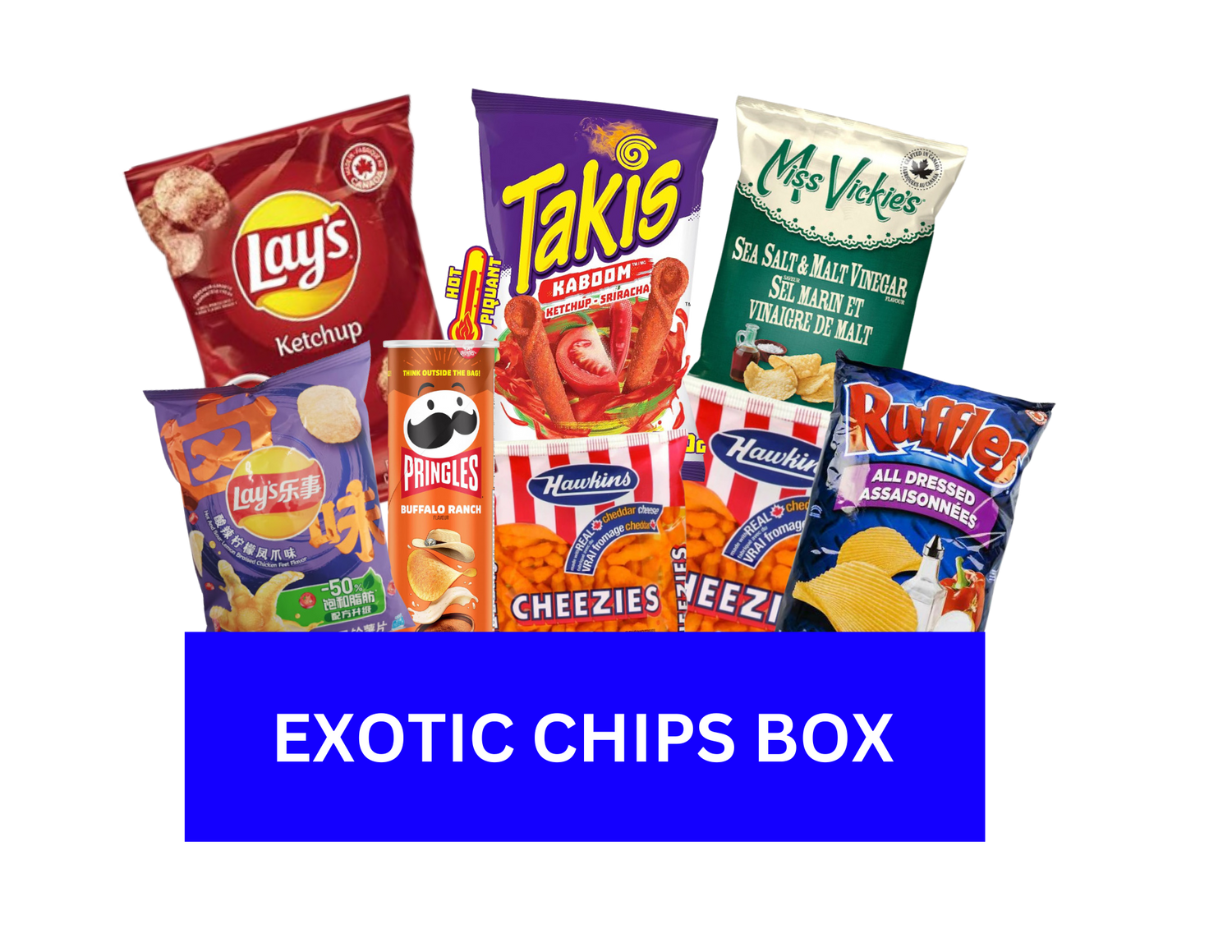 Exotic Chips Box featuring global flavors from Japan, Korea, Thailand, Mexico