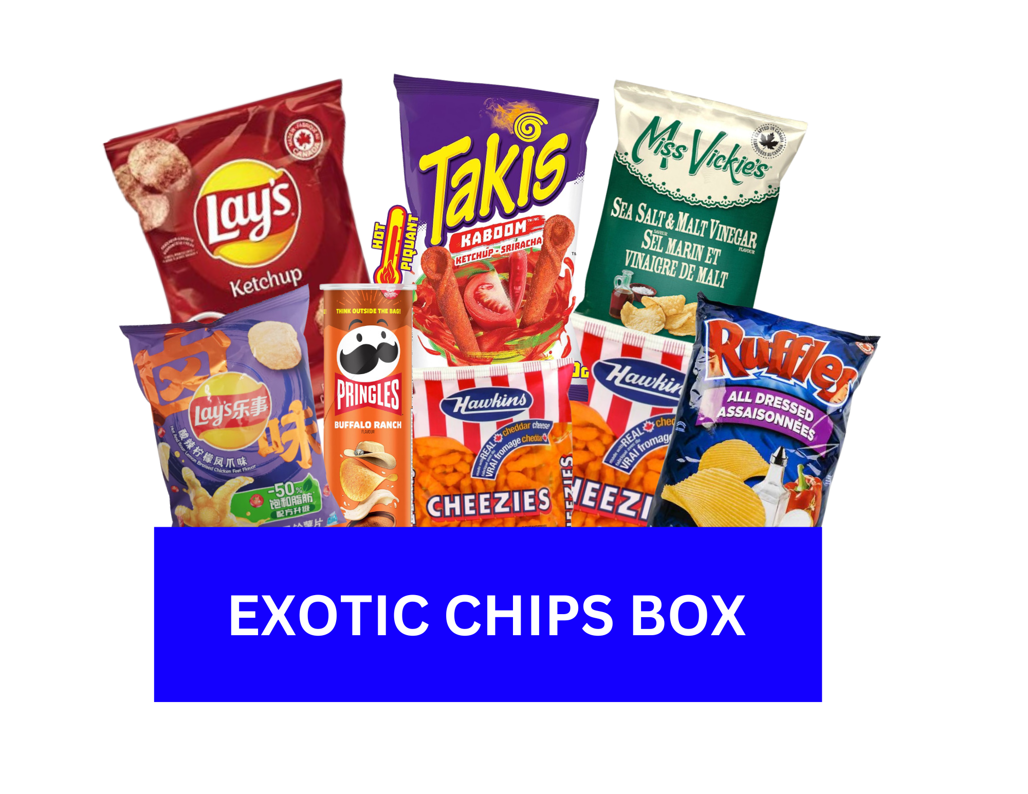 Exotic Chips Box featuring global flavors from Japan, Korea, Thailand, Mexico