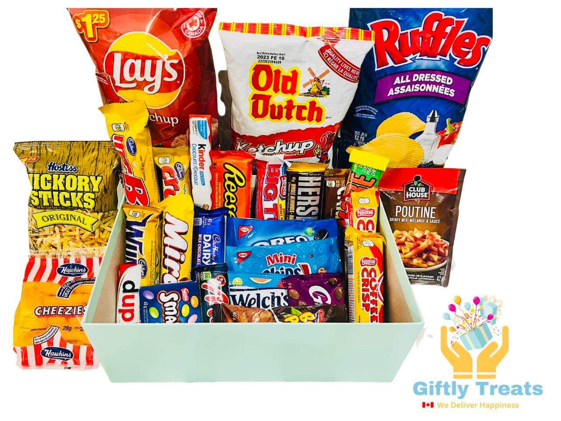 Best Canadian Snack Box consists of lays ketchup, all dressed ruffles, old dutch ketchup, cadbury chocolates. Christmas Gift Box.