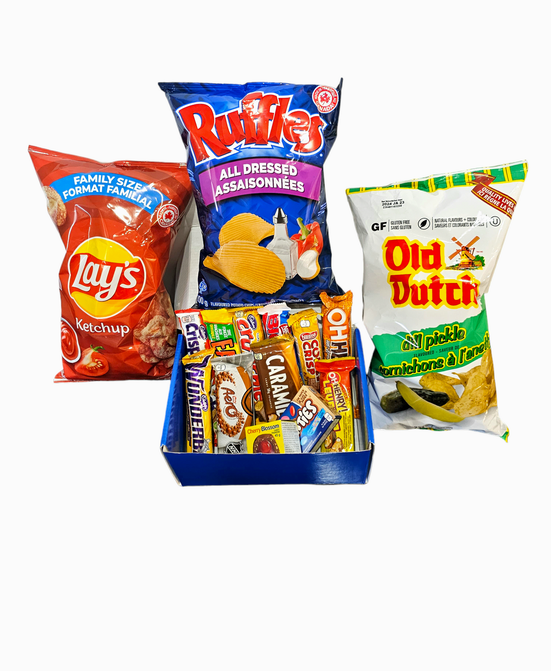 Canadian snack box with large chips! Lays Ketchup, Ruffles All Dressed and Old Dutch Dill Pickle