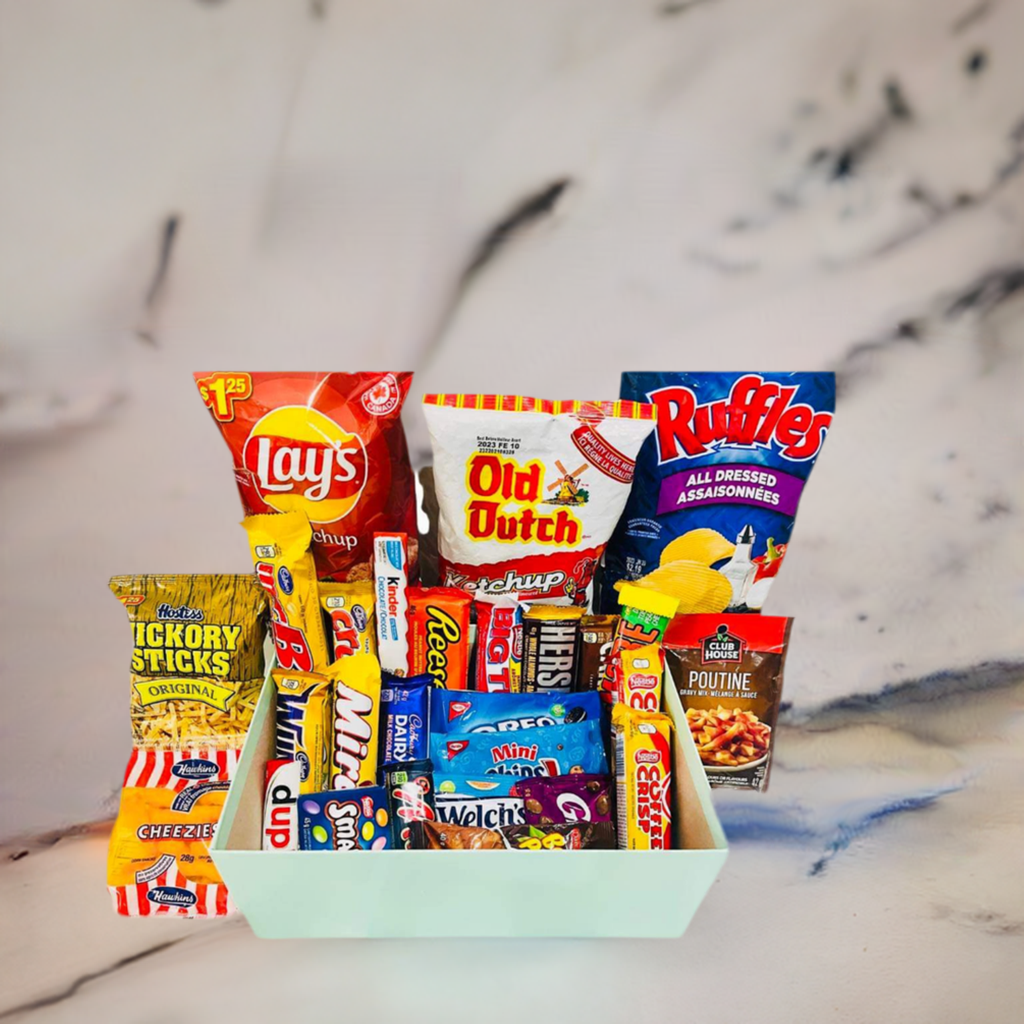 Best Canadian Snack Box consists of lays ketchup, all dressed ruffles, old dutch ketchup, cadbury chocolates. Christmas Gift Box